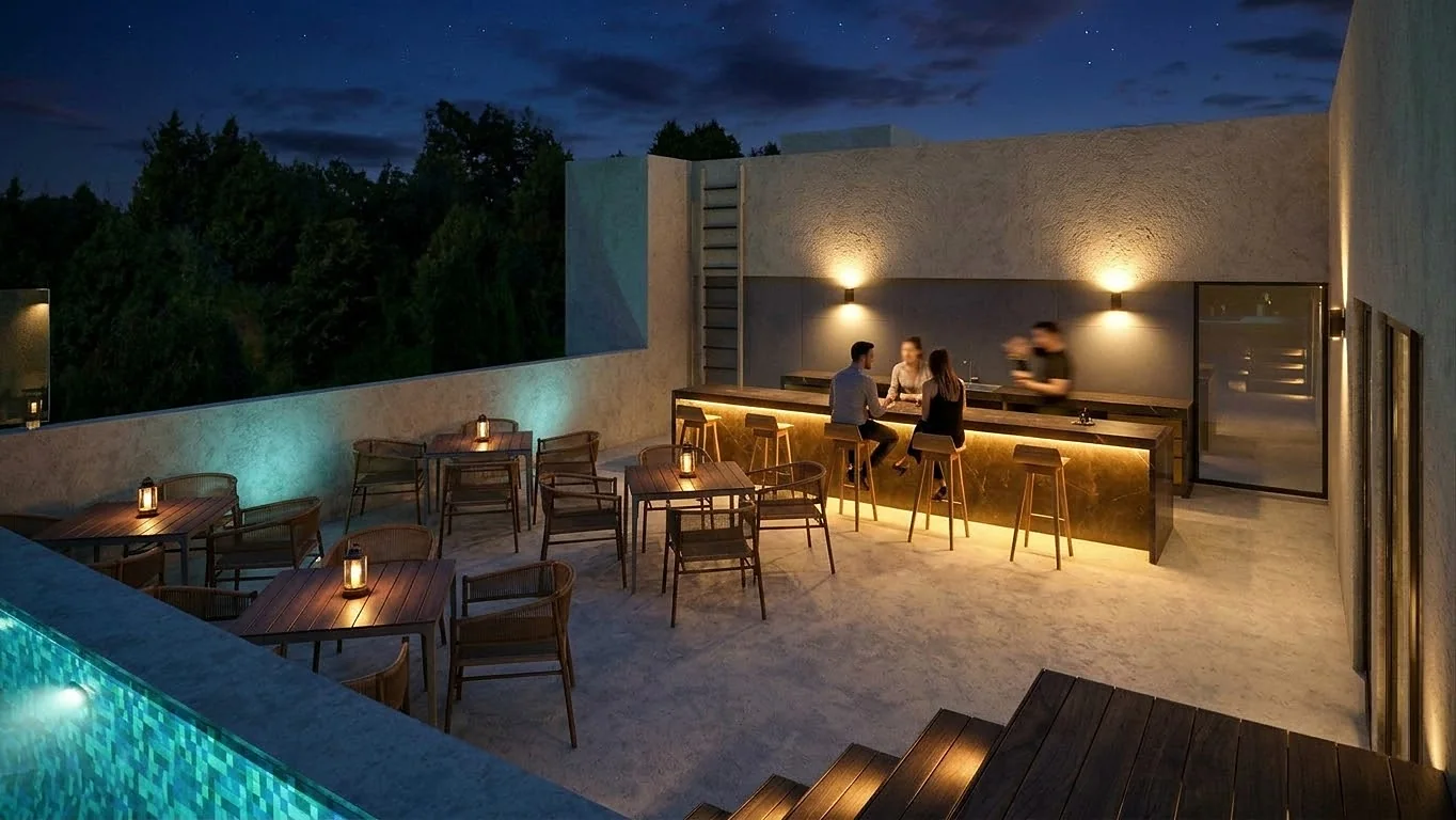 Roof de noche con la alberca y la barra iluminadas